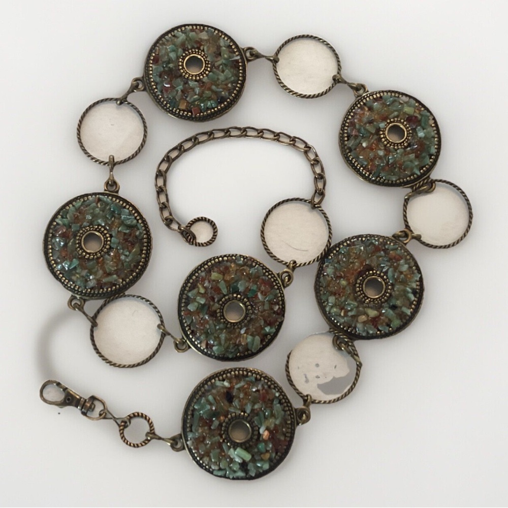 Vintage Arty, Lagenlook, Boho, Brass Backed Pebble Adorned Disc Chain Belt EUC